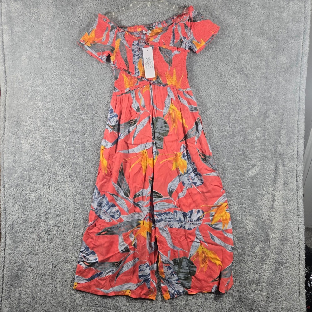 Patrons of Peace Womens Tropical Smocked Off Shoulder Jumpsuit Coral Small NEW